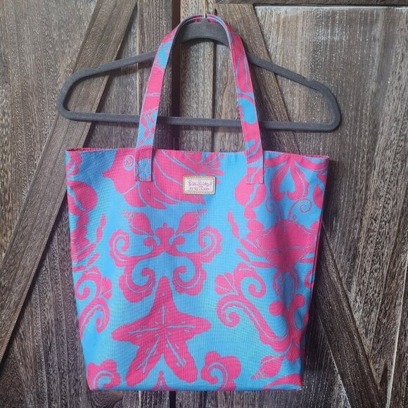 Lilly Pulitzer for Estee Lauder Pink Blue Crabs Shells Canvas Tote Beach Bag EUC - Picture 1 of 8